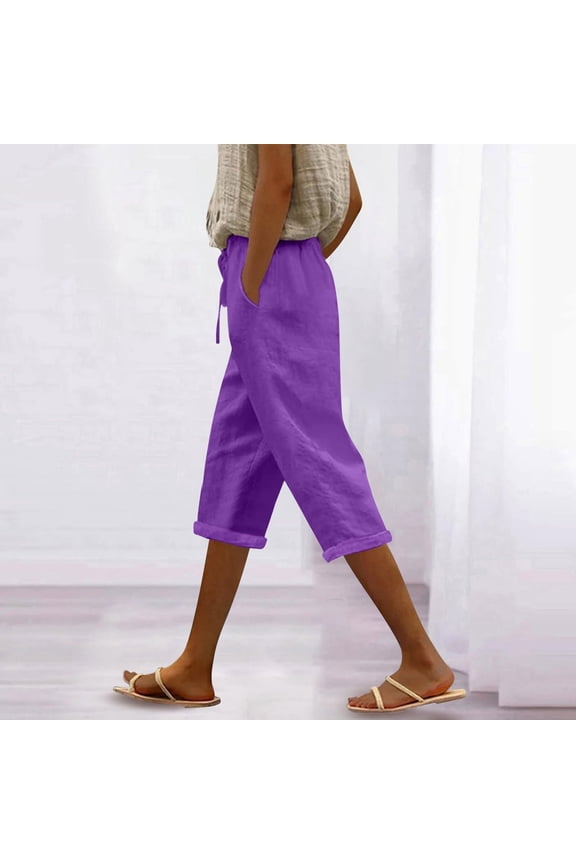 Capris for Women Petite Length Plus Size Pull on Pedal Pushers Dress Capris Summer Wide Leg Casual Cropped Pants with Pockets Dark Purple S