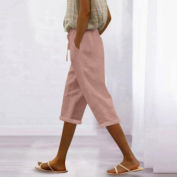 Cyglowse Capris for Women Petite Length Plus Size Pull on Pedal Pushers Dress Capris Summer Wide Leg Casual Cropped Pants with Pockets Pink XL