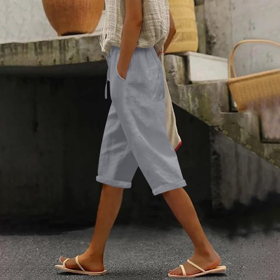 Cyglowse Capris for Women Petite Length Plus Size Pull on Pedal Pushers Dress Capris Summer Wide Leg Casual Cropped Pants with Pockets Light Gray XL