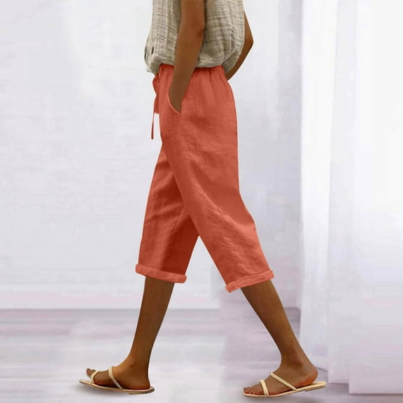 Cyglowse Capris for Women Petite Length Plus Size Pull on Pedal Pushers Dress Capris Summer Wide Leg Casual Cropped Pants with Pockets Orange M