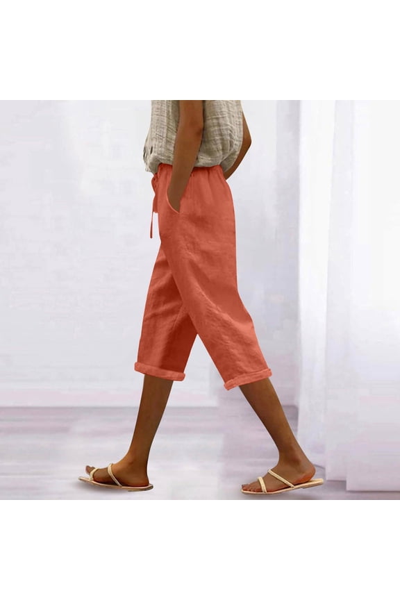 Capris for Women Petite Length Plus Size Pull on Pedal Pushers Dress Capris Summer Wide Leg Casual Cropped Pants with Pockets Orange L