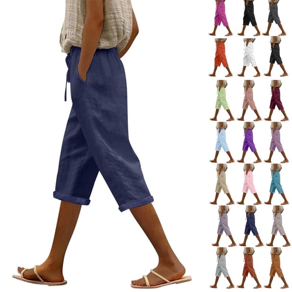 Cyglowse Petite Capris for Women Petite Length Plus Size Pull on Pedal Pushers Dress Capris Pajama Capris Petite Cropped Pants Yoga Summer Wide Leg Casual Capri Sweats with Pockets Dark Blue M