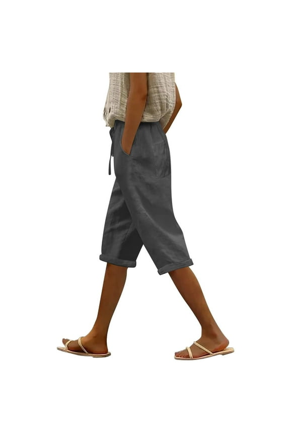 Capris for Women Petite Length Plus Size Pull on Pedal Pushers Dress Capris Summer Wide Leg Casual Cropped Pants with Pockets Gray 2XL