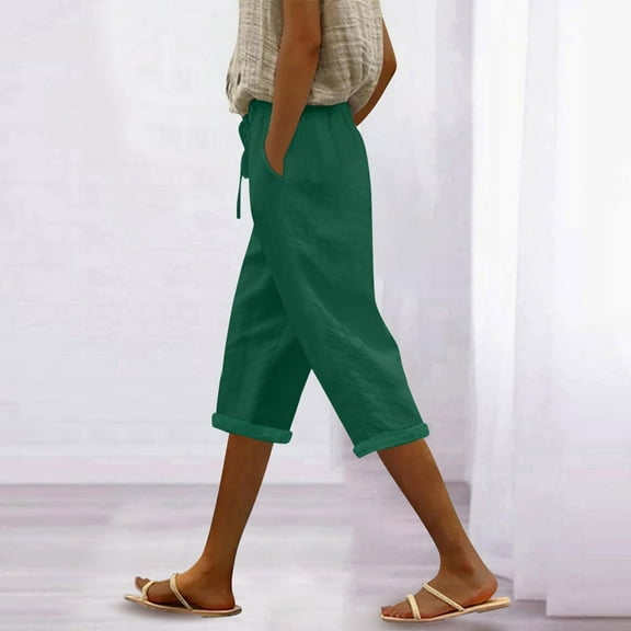 Cyglowse Capris for Women Petite Length Plus Size Pull on Pedal Pushers Dress Capris Summer Wide Leg Casual Cropped Pants with Pockets Dark Green M