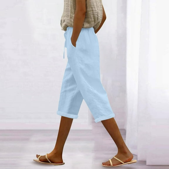 Cyglowse Capris for Women Petite Length Plus Size Pull on Pedal Pushers Dress Capris Summer Wide Leg Casual Cropped Pants with Pockets Light Blue M