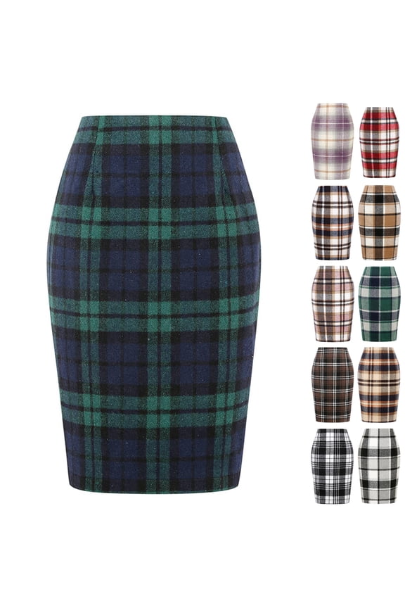Cyglowse Plaid Skirts for Women 2025 Fall Winter Knee Length Wool Pencil Skirt Gray S