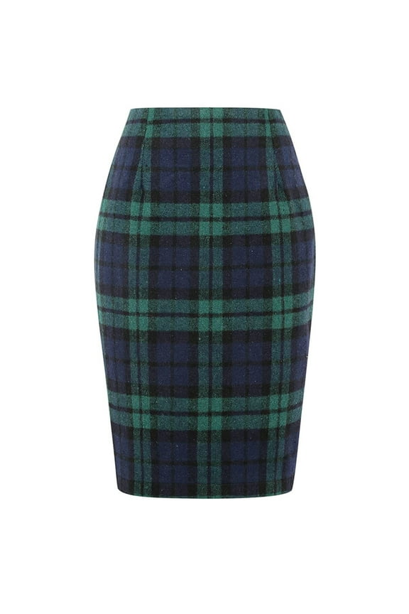Cyglowse Plaid Skirts for Women Fall Winter Knee Length Pencil Wool Skirt Green M