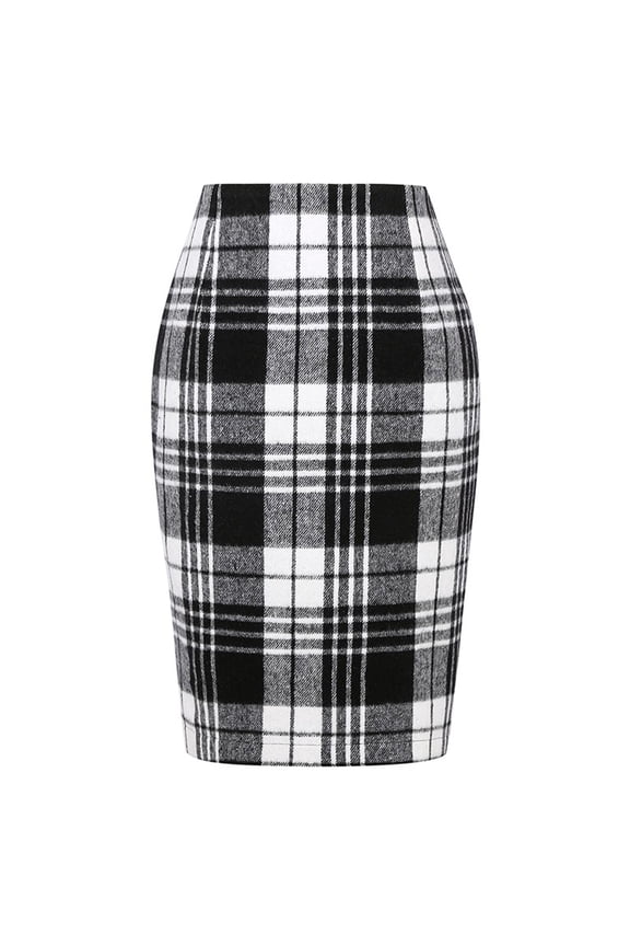 Cyglowse Plaid Skirts for Women Knee Length High Waisted Long Plaid Skirt Cute Tartan Pencil Skirt Fall Work Tweed Midi Skirts Black M