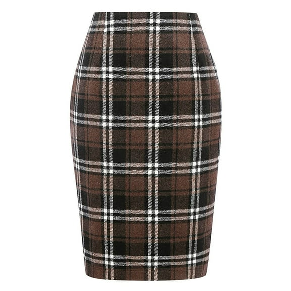 Cyglowse Plaid Skirts for Women Knee Length High Waisted Long Plaid Skirt Cute Tartan Pencil Skirt Fall Work Tweed Midi Skirts Coffee M