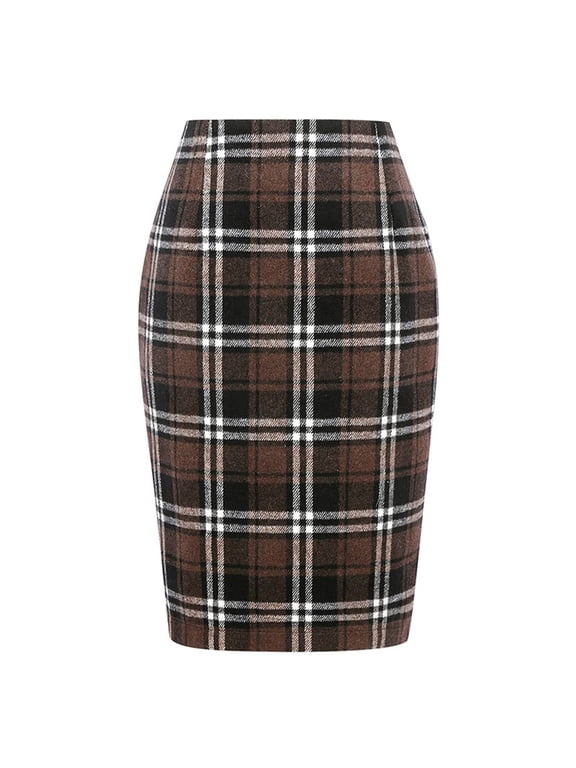 Cyglowse Plaid Skirts for Women Knee Length High Waisted Long Plaid Skirt Cute Tartan Pencil Skirt Fall Work Tweed Midi Skirts Coffee S