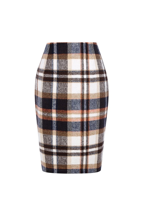 Cyglowse Plaid Skirts for Women Knee Length High Waisted Long Plaid Skirt Cute Tartan Pencil Skirt Fall Work Tweed Midi Skirts Light Brown M