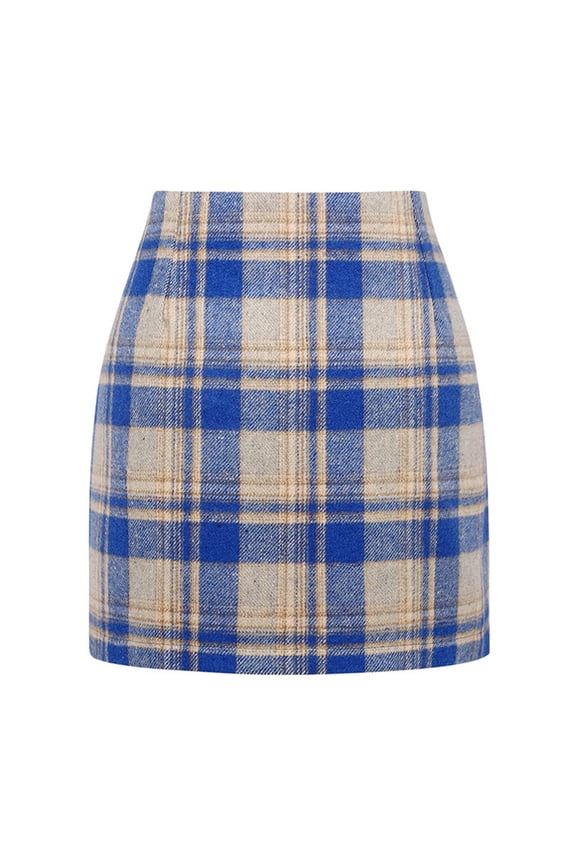 Cyglowse Plaid Skirts for Women Vintage High Waisted Pencil Wool Tweed Skirt Casual Fall Flannel Bodycon Mini Skirt Blue L