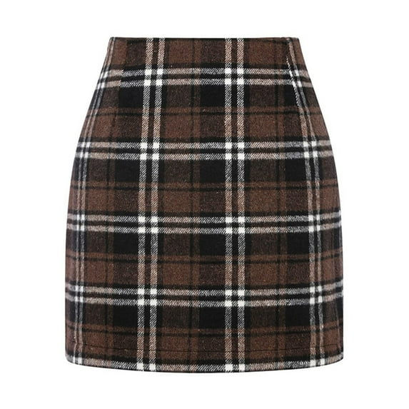 Cyglowse Plaid Skirts for Women Vintage High Waisted Pencil Wool Tweed Skirt Casual Fall Flannel Bodycon Mini Skirt Coffee M