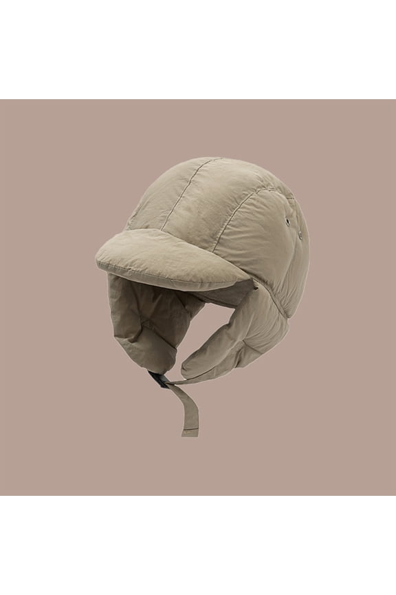 Puffy Trapper Hat with Earflap Down Beanie Hats for Men Women Lightweight Warm Riding Hat Puffer Balaclava Caps Khaki M