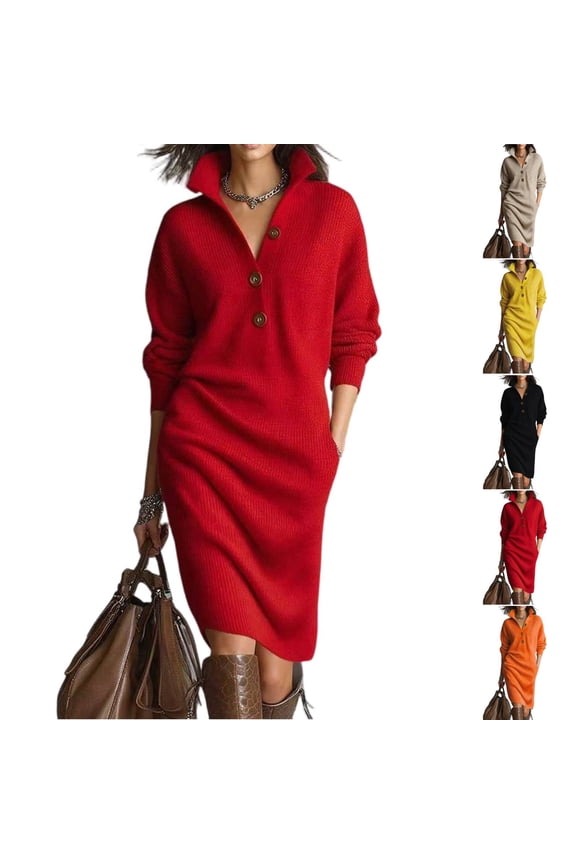 Ribbed Knit Dress for Women Fall Winter Casual Long Sleeve V Neck Sweater Dress Oversized Midi with Pockets Red 2XL
