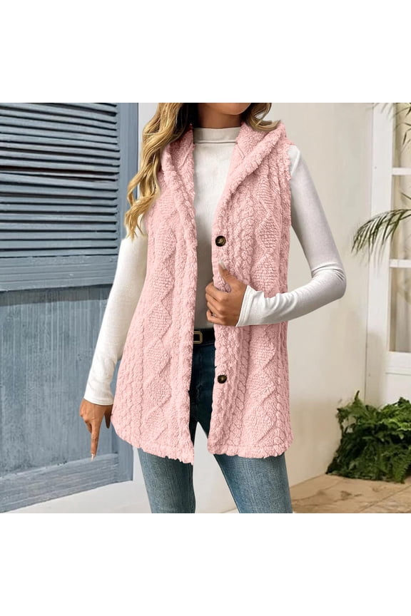 Sherpa Fleece Jacket Women Sleeveless Fuzzy Vest with Hood Plus Size Soft Warm Outerwear Button Fall Winter Coats Pink S