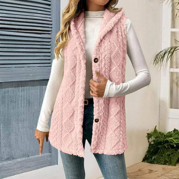 Cyglowse Sherpa Fleece Jacket Women Sleeveless Fuzzy Vest with Hood Plus Size Soft Warm Outerwear Button Fall Winter Coats Pink XL