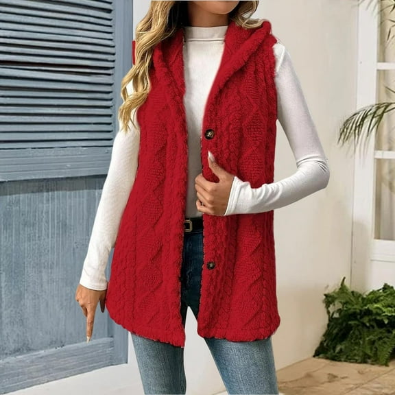 Cyglowse Sherpa Fleece Jacket Women Sleeveless Fuzzy Vest with Hood Plus Size Soft Warm Outerwear Button Fall Winter Coats Red L
