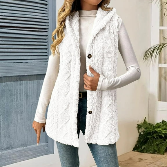 Cyglowse Sherpa Fleece Jacket Women Sleeveless Fuzzy Vest with Hood Plus Size Soft Warm Outerwear Button Fall Winter Coats White M