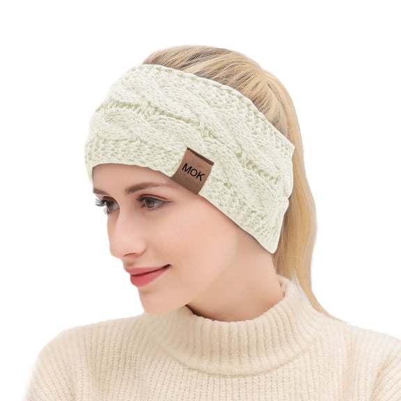 Cyglowse Soft Stretch Winter Warm Cable Knit Fuzzy Lined Ear Warmer Headband White