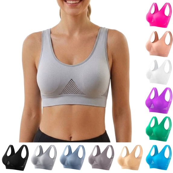 Cyglowse Sports Bras for Women Breathable Anti-Sagging Plus Size Wireless Bras with Cooling Lift-Up Mesh High Support Gray M