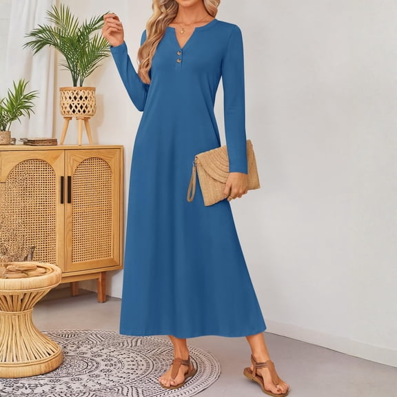 Cyglowse Spring Long Sleeve Comfortable Loose Maxi Dresses for Women 2026 Elegant Classy Winter Wedding Guest Dress Blue 2XL