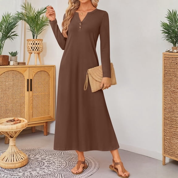 Cyglowse Spring Long Sleeve Comfortable Loose Maxi Dresses for Women 2026 Elegant Classy Winter Wedding Guest Dress Brown 2XL
