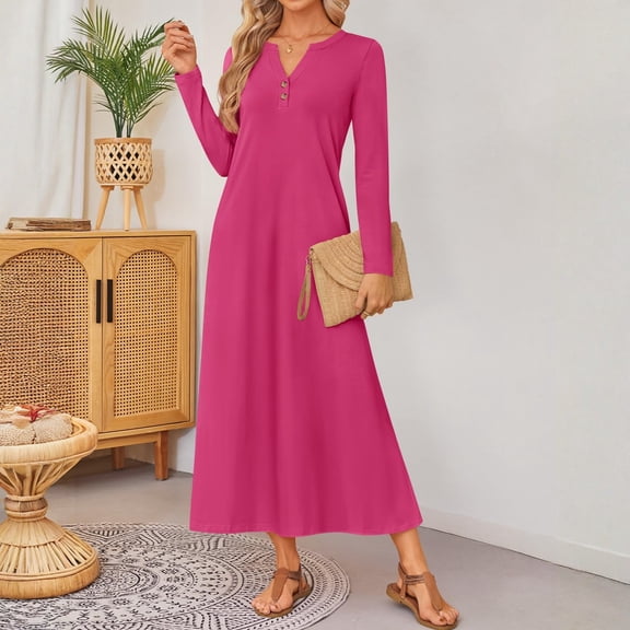Cyglowse Spring Long Sleeve Comfortable Loose Maxi Dresses for Women 2026 Elegant Classy Winter Wedding Guest Dress Hot Pink S