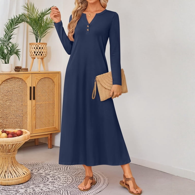 blue wedding guest dresses winter Cyglowse Spring Long Sleeve Comfortable Loose Maxi for Women 2026 Elegant Classy Dress Navy XL A-line silhouette bridal dress