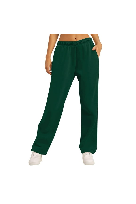 Straight Leg Sweatpants for Women, Fleece Loose Fit Open Bottom Lounge Womens Sweatpants with Pockets Dark Green S
