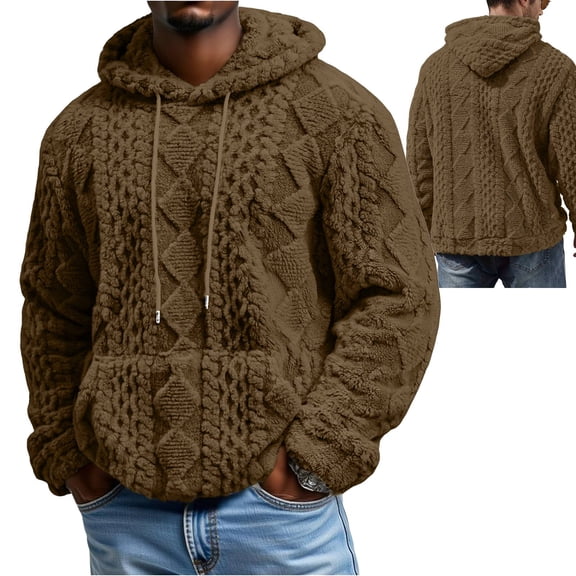 Cyglowse Thermal Hoodie for Men Double Sided Fleece Sherpa Lined Pullover with Pocket Long Sleeve Thick Winter Sweatshirt Khaki 2XL