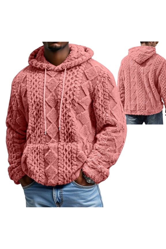 Thermal Hoodie for Men Double Sided Fleece Sherpa Lined Pullover with Pocket Long Sleeve Thick Winter Sweatshirt Pink 2XL