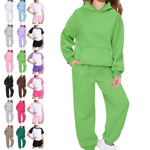 Cyglowse Toddler Girls Sweatsuit Kids Spring 2 Piece Sets Long Sleeve Hooded Sweatshirts and Jogger Sweatpants Boys Soft Sweatsuits Fluorescent Green 6-7Y