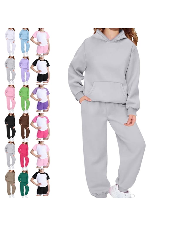 Toddler Girls Sweatsuit Kids Spring 2 Piece Sets Long Sleeve Hooded Sweatshirts and Jogger Sweatpants Boys Soft Sweatsuits Light Gray 3-4Y