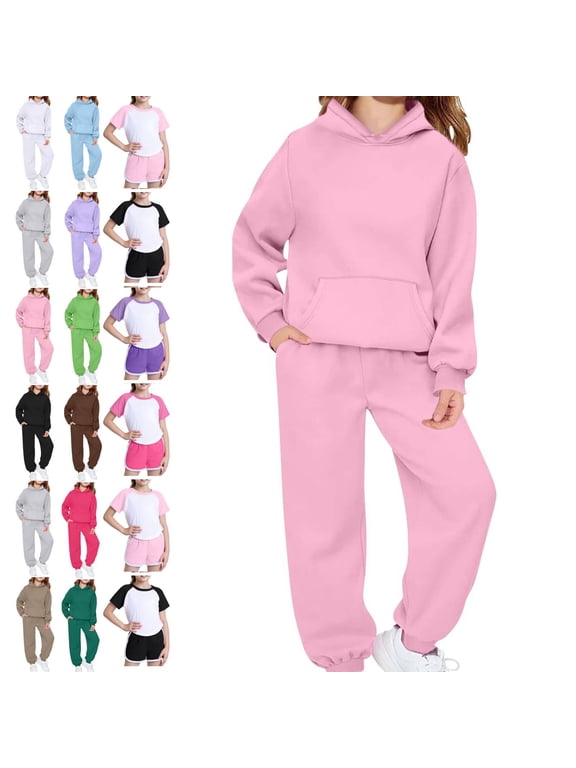 Toddler Girls Sweatsuit Kids Spring 2 Piece Sets Long Sleeve Hooded Sweatshirts and Jogger Sweatpants Boys Soft Sweatsuits Pink 6-7Y
