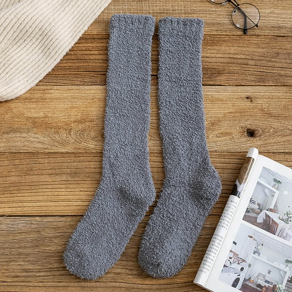 Cyglowse Winter Warm Coral Fleece Thermo Socks Women Knee High White Socks for Girls Soks Solid Thicken Plush Sleep Socken Dark Gray