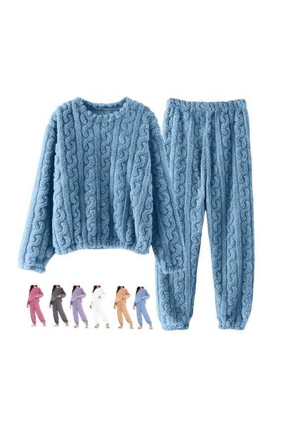 Winter Warm Pajamas for Women Set 2 Piece Fluffy Fleece Long Sleeve Cozy Loungewear Set Soft Casual Sleepwear Outfit Blue One Size