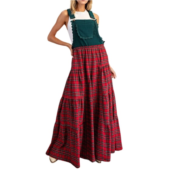 Cyglowse Women Christmas Plaid Overalls Jumpsuit Sleeveless Tiered Wide Leg Pants Rompers Gingham One Piece Xmas Clothes Green S
