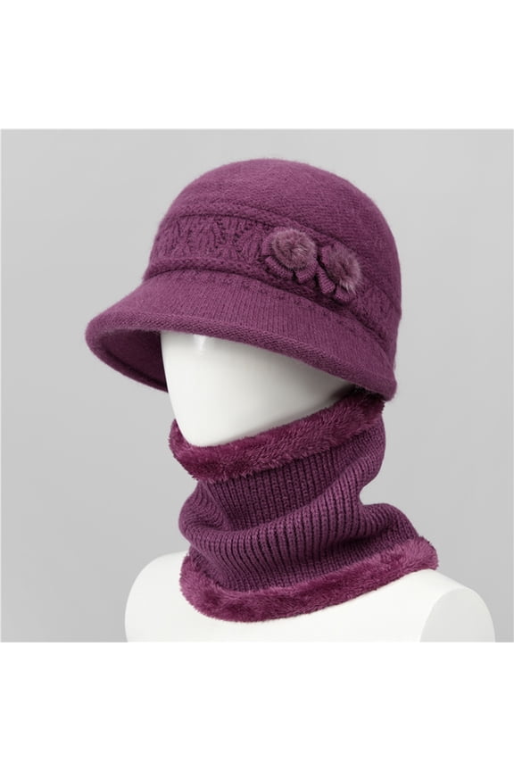 Women Knit Beanie Hat Scarf Mouth Cover Set Warm Knit Neck Warmer Cap Winter Warm Elastic Hat Ear Flaps Hat Ear Flaps Purple One Size