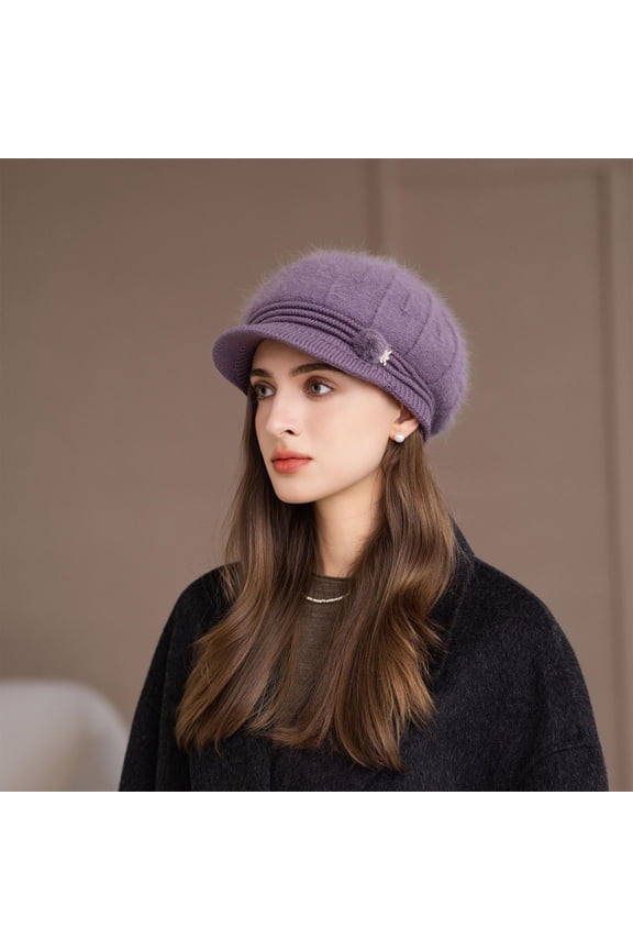 Women Winter Warm Knit Hat Wool Snow Ski Caps with Visor Light Purple One Size