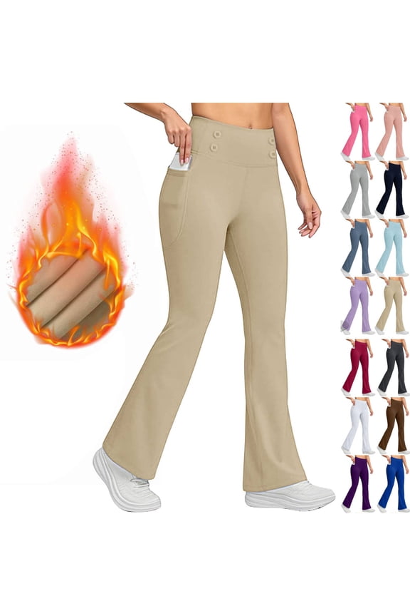 Women's Bootcut Yoga Pants,Winter Fleece Lined Flare Leggings,High Waisted Compression Tights Running Workout Bottoms Khaki M