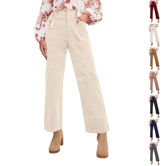Cyglowse Women's Corduroy Pants High Waist Wide Leg Trousers Business Casual Work Pants with Pockets Beige 2XL