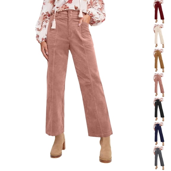 Cyglowse Women's Corduroy Pants High Waist Wide Leg Trousers Business Casual Work Pants with Pockets Pink 2XL