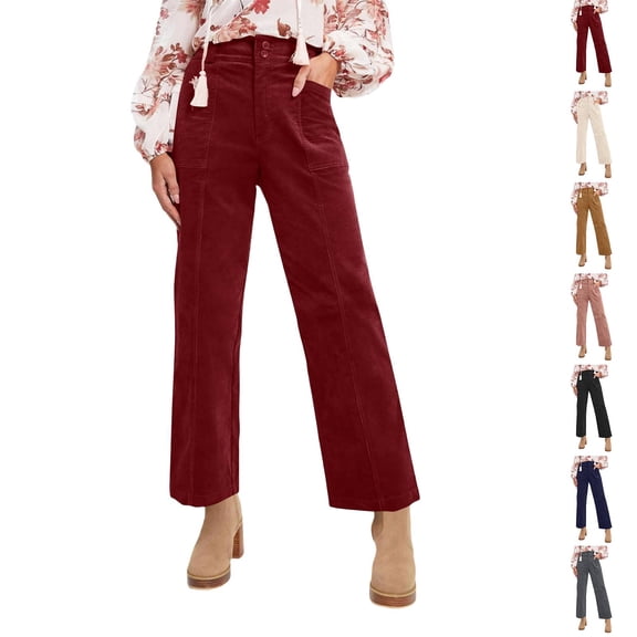 Cyglowse Women's Corduroy Pants High Waist Wide Leg Trousers Business Casual Work Pants with Pockets Wine 2XL