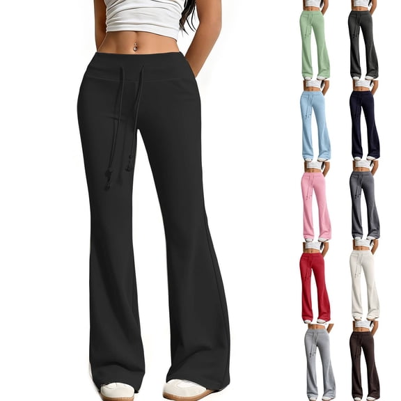 Cyglowse Women's Drawstring Waist Bell Bottom Flare Leg Sweatpants Sports Causal Pants Black M