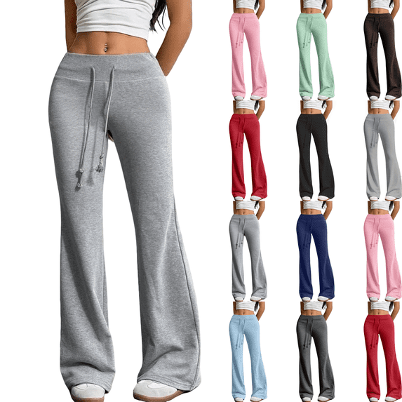 Cyglowse Women's Drawstring Waist Bell Bottom Flare Leg Sweatpants Sports Causal Pants Gray L