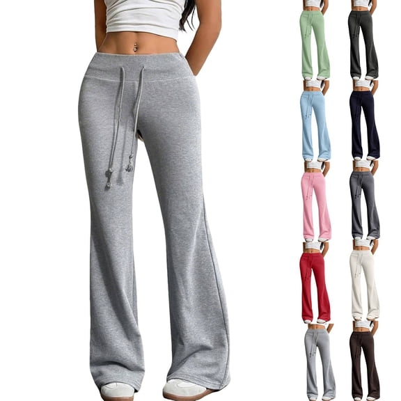 Cyglowse Women's Drawstring Waist Bell Bottom Flare Leg Sweatpants Sports Causal Pants Gray S