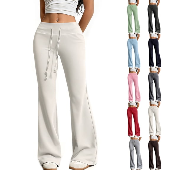 Cyglowse Women's Drawstring Waist Bell Bottom Flare Leg Sweatpants Sports Causal Pants Light Gray S