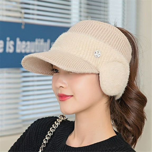 Cyglowse Women's Fashion Ear Guard Knit Cap, Winter Fleece Ponytail Hat with Drop Down Ear Warmer Beige One Size
