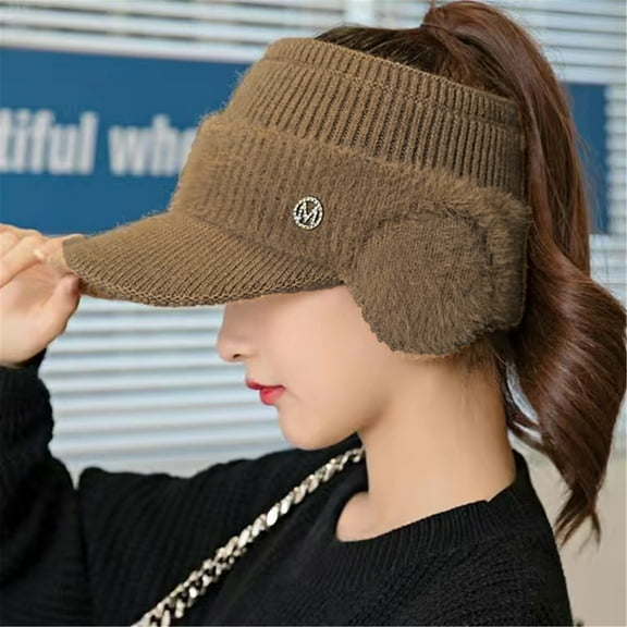 Cyglowse Women's Fashion Ear Guard Knit Cap, Winter Fleece Ponytail Hat with Drop Down Ear Warmer Khaki One Size